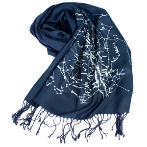 Milky Way Galaxy celestial scarf. Navy blue pashmina. Constellation design, ice blue print on navy and more. For men or women. image 2