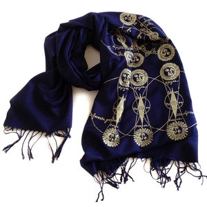 Solar & Lunar Eclipse scarf. Sun and Moon gold celestial print. Navy linen weave pashmina. Silkscreen design. More colors available!