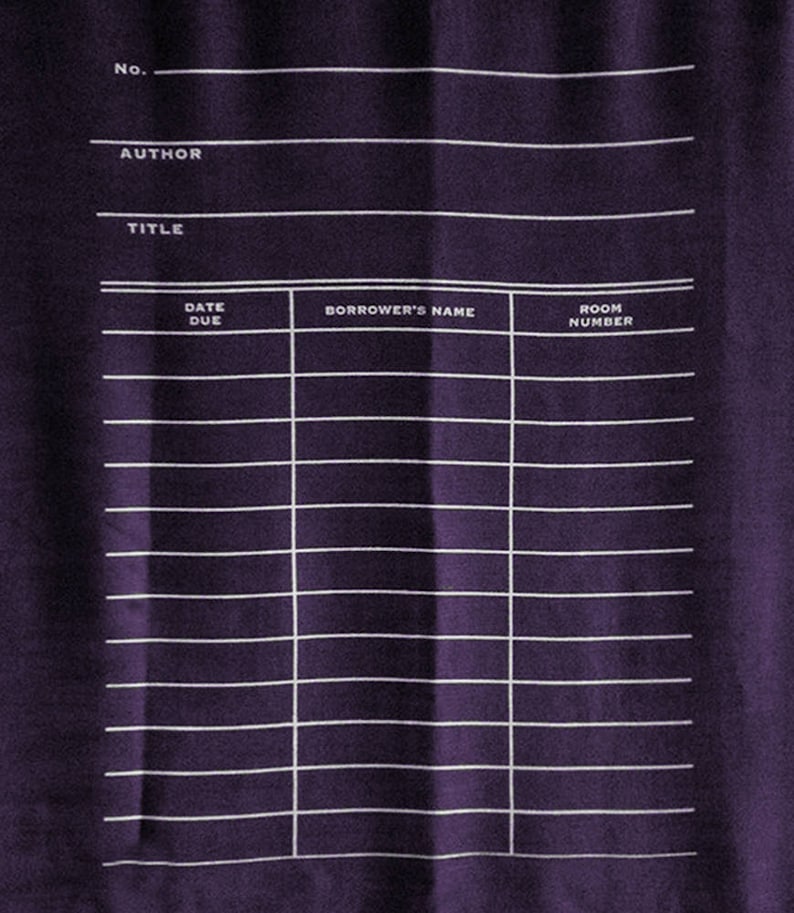 May include: A purple fabric library card with white text and lines. The card has fields for "No.", "Author", "Title", "Date Due", "Borrower's Name", and "Room Number".