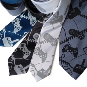 Joystick necktie. Video game controller tie. Geek chic gamer gift. Control Freak, gaming console screen printed tie. black on gunmetal