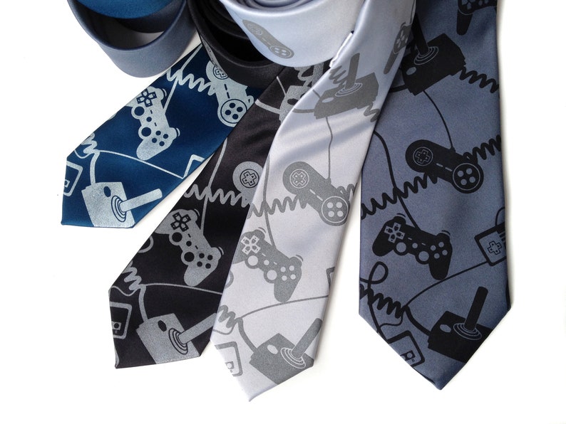 Joystick necktie. Video game controller tie. Geek chic gamer gift. Control Freak, gaming console screen printed tie. black on gunmetal