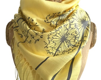 Dandelion Wish Scarf. Dandelion Seed Printed Scarf. Floral print wedding scarf. Dandelion Shawl, wrap, cover up. Bamboo bridal pashmina