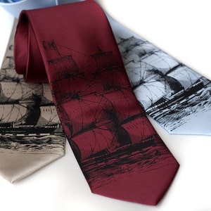 Clipper Ship Necktie. Men's sailing ship, schooner, tall ship tie. Black silkscreen print. Choose standard or narrow size. image 2