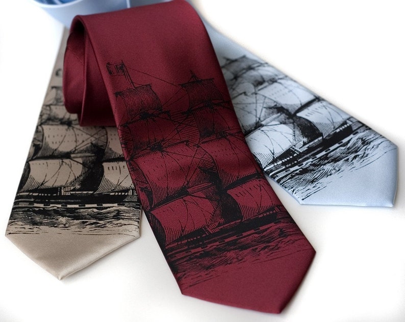 Clipper Ship Necktie. Men's sailing ship, schooner, tall ship tie. Black silkscreen print. Choose standard or narrow size. image 2