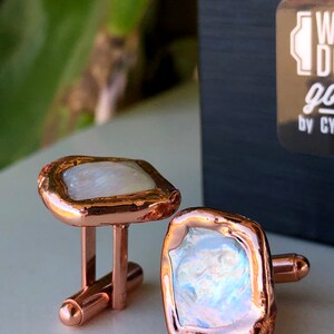 Iridescent White Freshwater Pearl Cufflinks. Copper Bezel, Electroformed Cultured coin pearl cuff links. Cool, unique mens wedding cufflinks image 9