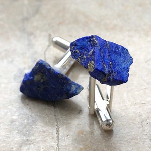 Lapis Cufflinks. Natural raw stone, rough gemstone cufflinks. 9th Anniversary, something blue, wedding cufflinks. Husband gift, gift for dad zdjęcie 4