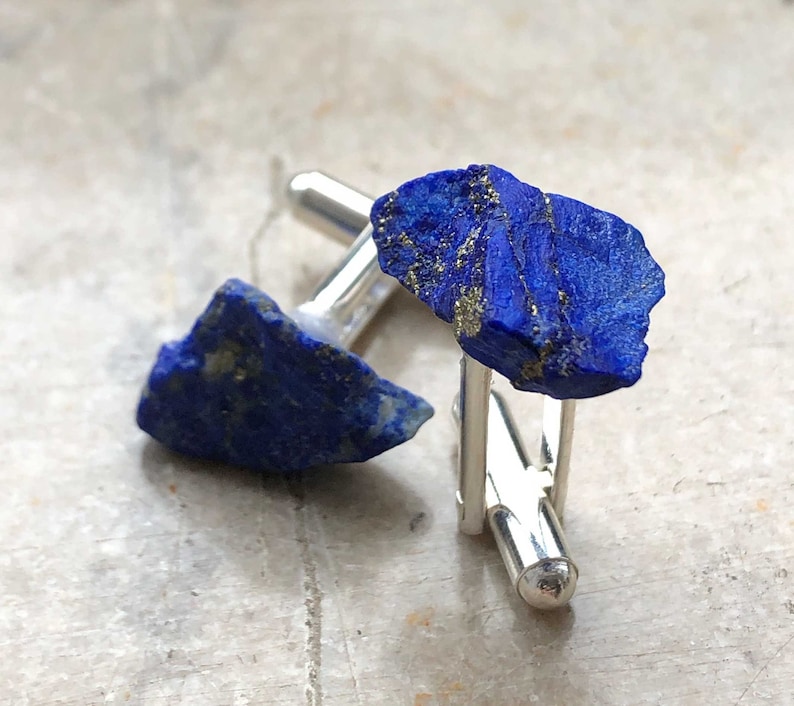 Lapis Cufflinks. Natural raw stone, rough gemstone cufflinks. 9th Anniversary, something blue, wedding cufflinks. Husband gift, gift for dad zdjęcie 4