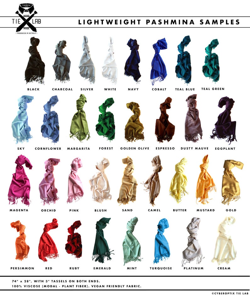 May include: A collection of 24 lightweight pashmina scarves in various colours, including black, white, teal, green, blue, red, pink, yellow, and brown. Each scarf is 74 inches by 28 inches with 3 tassels on both ends. The scarves are made of 100% viscose (modal - plant fibre) and are vegan friendly.
