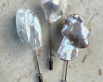 Baroque Pearl Lapel Pin, Large Handmade Iridescent Freshwater Pearl Brooch for men or women