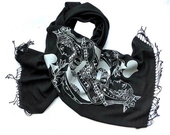 Queen of Spades, Lucky Scarf. Playing Card Bamboo Pashmina. Alice