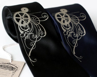 Men&#39;s silk tie, Victorian Gears necktie. Tie for steampunk wedding, gear print tie, silk ties for men, wedding ties blue, ties for women