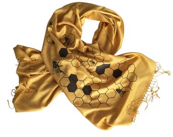 Honey Bee Scarf. Bee Hive pashmina scarf. Honeybee scarf, Beehive scarf, apiary gift. Mother's Day, gift for mom, printed bamboo pashmina