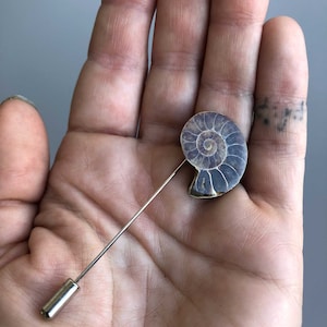 Ammonite Lapel Pin, fossil shell stick pin. Boutonniere, hat pin, groom's wedding suit, lapel pin, paleontology, beach wedding. Fossil lapel image 10