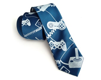 Video game tie. Game controller men's necktie. Geek chic gaming gift. "Control Freak," console joystick silkscreen tie.