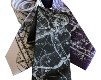 Corbata celestial de Sagitario. Corbata del horóscopo de la constelación del zodiaco. Regalo de cumpleaños de noviembre o diciembre. Corbata para hombre con carta astral. Regalo astrológico.