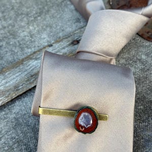 May include: A brass-toned metal tie clip featuring a polished, oval-shaped stone accent. The stone has a deep reddish-brown outer edge and a textured, crystalline center with light purple and white mineral deposits, secured to a smooth satin tie.