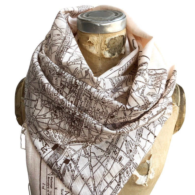 Paris Map Scarf. French map print fringed scarf. Bamboo pashmina, bridal shawl. Paris France wedding, Parisian, destination wedding in Paris bronze on blush