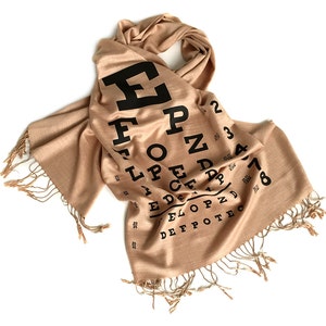 Eye Chart scarf. Hand-printed bamboo pashmina scarf. Optometry, Optometrist gift, optician, eye doctor gift, mom who wears glasses, eye test black on sand
