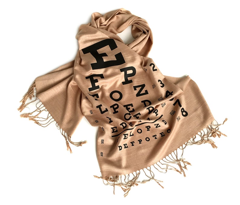 Eye Chart scarf. Hand-printed bamboo pashmina scarf. Optometry, Optometrist gift, optician, eye doctor gift, mom who wears glasses, eye test black on sand