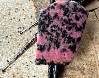 Rhodonite Bolo Tie - Pink and Black Natural Stone Bola Necklace with Real Leather Cord