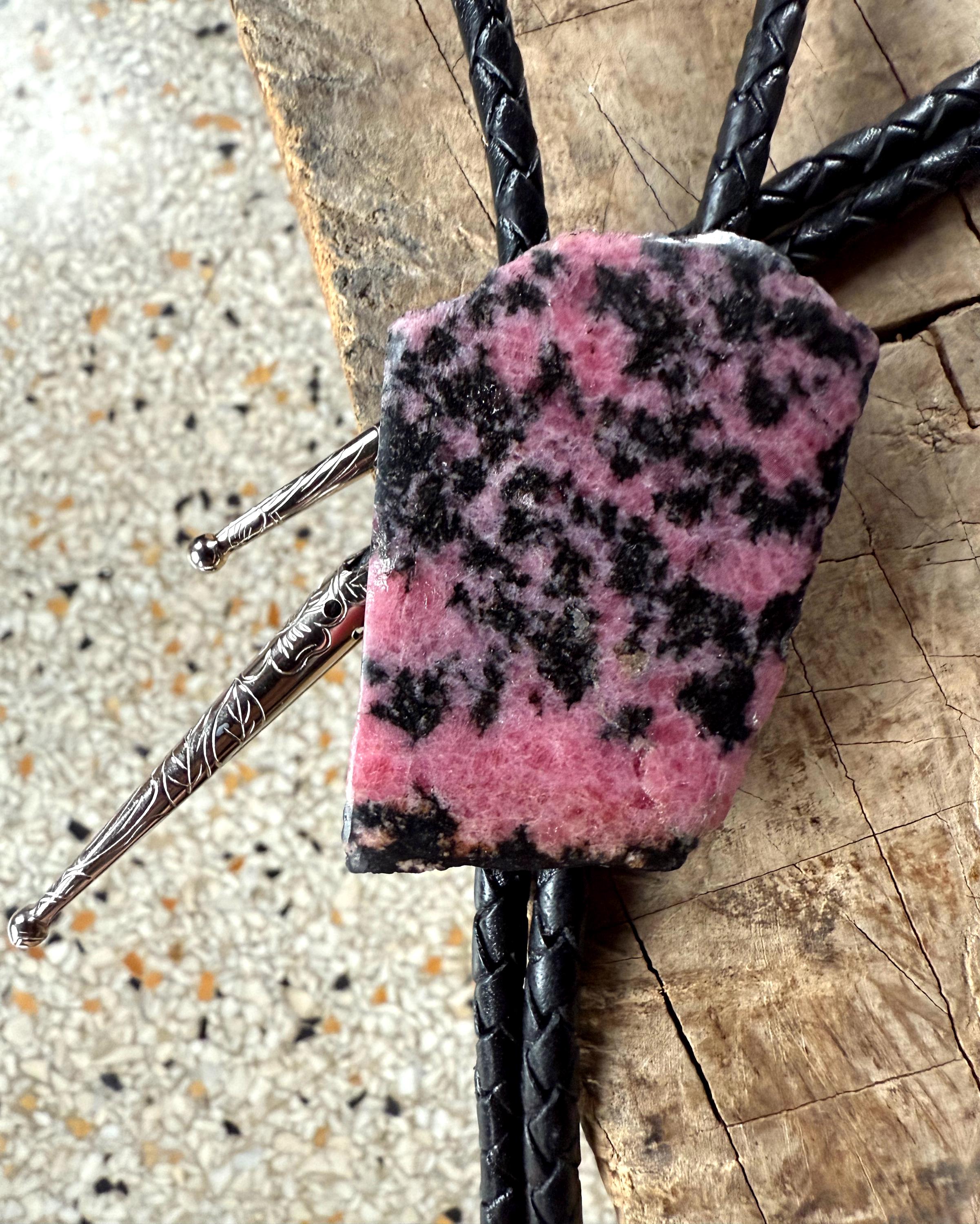 Rhodonite Bolo Tie - Pink and Black Natural Stone Bola Necklace with Real Leather Cord