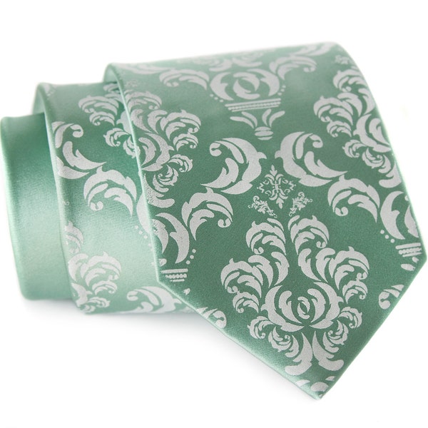 Dusty Sage Tie, Mint silk, Damask print necktie, groomsmen ties, men's wedding ties, Coordinate with: David's Bridal Spa, meadow, mist, mint