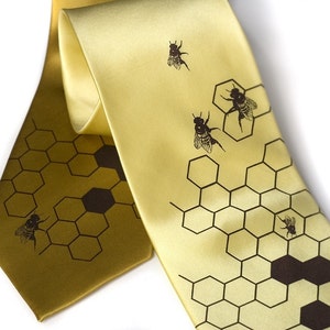 Oh Honey. Men's beehive yellow gold silk necktie. Silkscreened honey bee tie, chocolate brown ink.