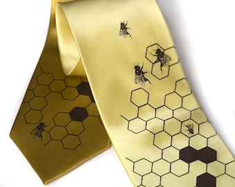 Oh Honey. Men's beehive yellow gold silk necktie. Silkscreened honey bee tie, chocolate brown ink.