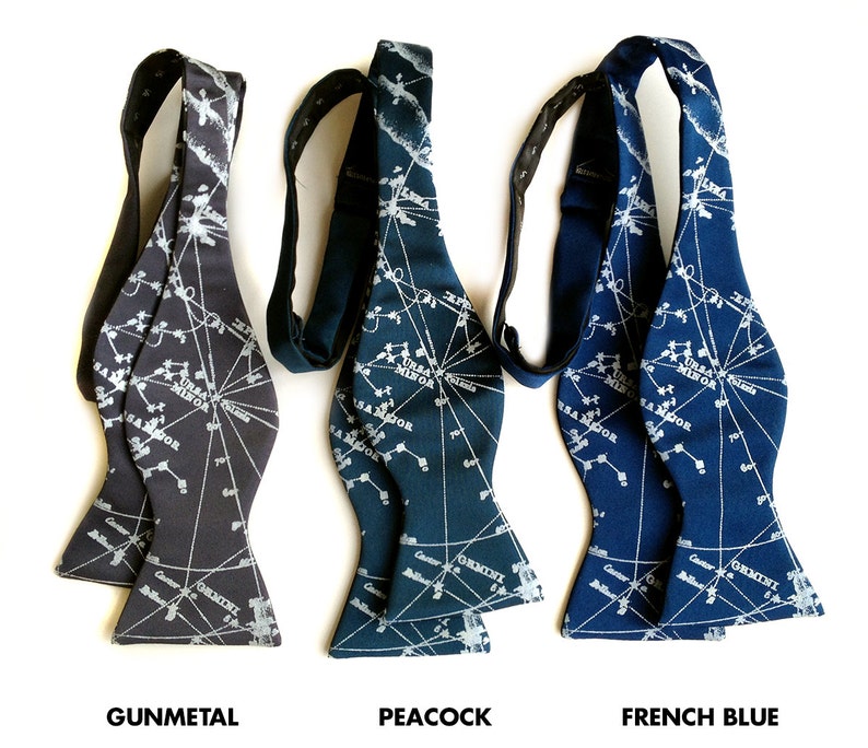 Galaxy bow tie. Milky Way star chart tie. Constellation freestyle bowtie. Ice print. Peacock blue, french blue & more. Adjustable. gunmetal