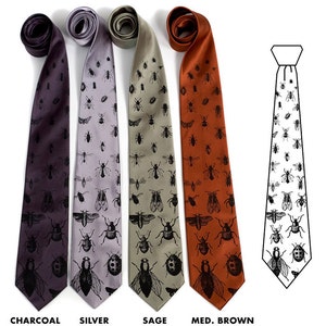 May include: Four silk ties with a pattern of insects in black on a charcoal, silver, sage, and medium brown background. The ties are arranged horizontally with the text "CHARCOAL", "SILVER", "SAGE", and "MED. BROWN" below each tie.