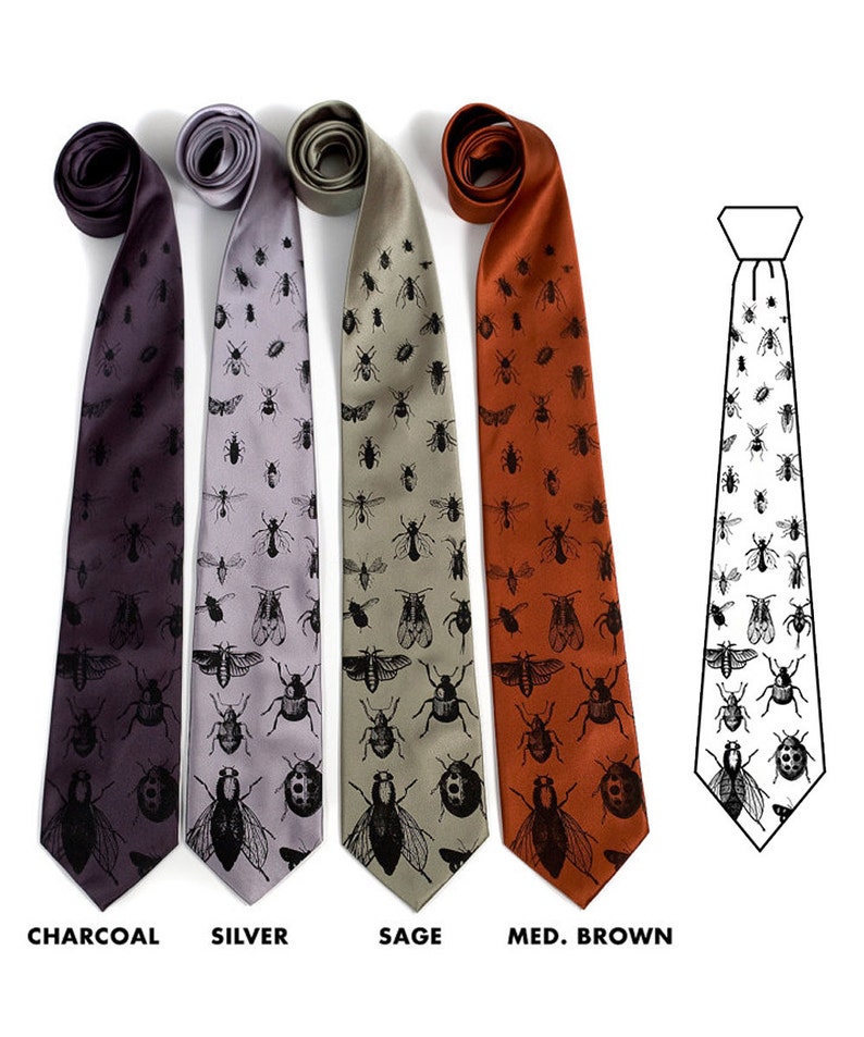 May include: Four silk ties with a pattern of insects in black on a charcoal, silver, sage, and medium brown background. The ties are arranged horizontally with the text "CHARCOAL", "SILVER", "SAGE", and "MED. BROWN" below each tie.