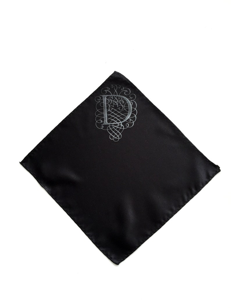 Custom initial pocket square, gift for him. Filigree letter monogram, personalized single letter mens wedding handkerchief. Choose A-Z image 5