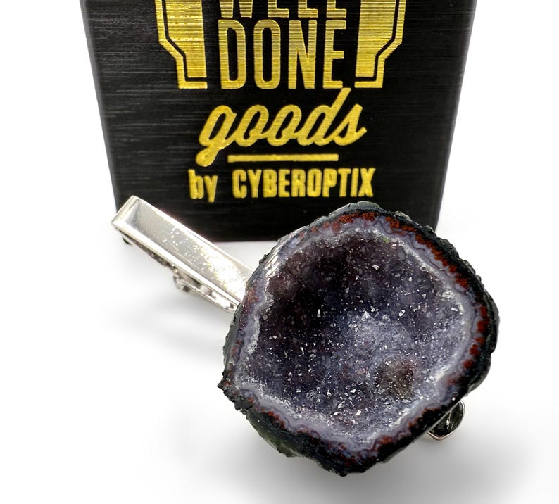 Amethyst Tie Clip. Red Moss Agate, Hematite Amethyst Tabasco Geode Tie Bar. Druzy Crystal Slice Necktie Accessory in Silver or Antique Brass image 12