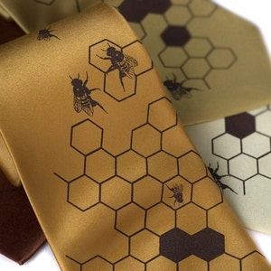 Honeybee Necktie, Bee tie. Men's beehive necktie, Oh Honey Beekeeper gift for men, apiary, save the bees. Vegan tie for men or women. mustard