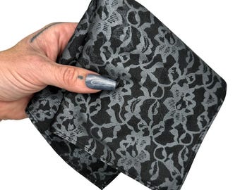 Black Lace Printed Pocket Square, dark tone-on-tone lace handkerchief. 13th anniversary gift, Boudoir Lace hanky for him, gothic wedding