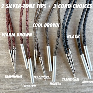 An assortment of bolo tie braided cords in warm brown, cool brown, and black. Each tie features silver-tone tips, with options for traditional and modern styles. Text on the image reads "2 SILVER-TONE TIPS + 3 CORD CHOICES".