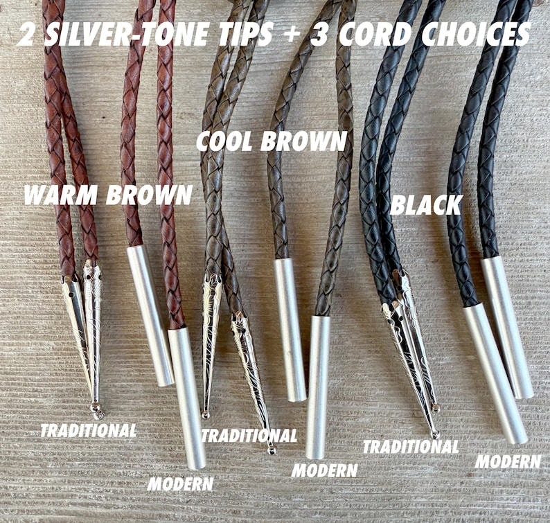 An assortment of bolo tie braided cords in warm brown, cool brown, and black. Each tie features silver-tone tips, with options for traditional and modern styles. Text on the image reads "2 SILVER-TONE TIPS + 3 CORD CHOICES".
