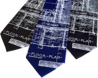 Blueprint Tie, Architect gift. Men's silk necktie.  Detroit's Cass Tech. Architecture design, builder gift, city planner, engineer gift