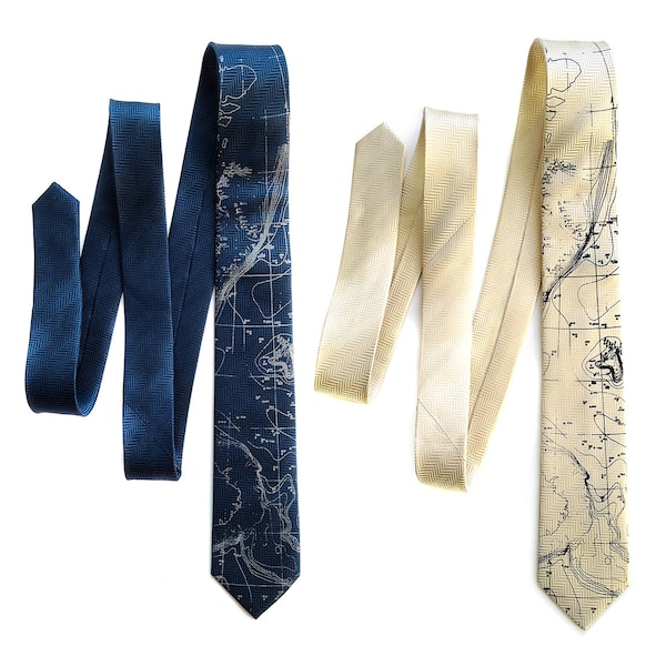 Sea Floor Map necktie. Elegant herringbone pattern woven silk tie. "Topographical Error" men's tie. Choose cream tie, sapphire tie & more!