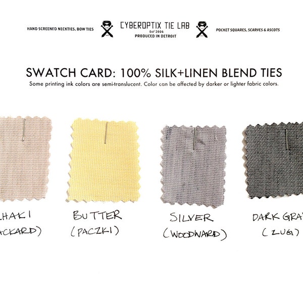 4 linen necktie swatches: Our exclusive silk & linen blend. Color sample card for custom, wedding and groomsmen gift orders.