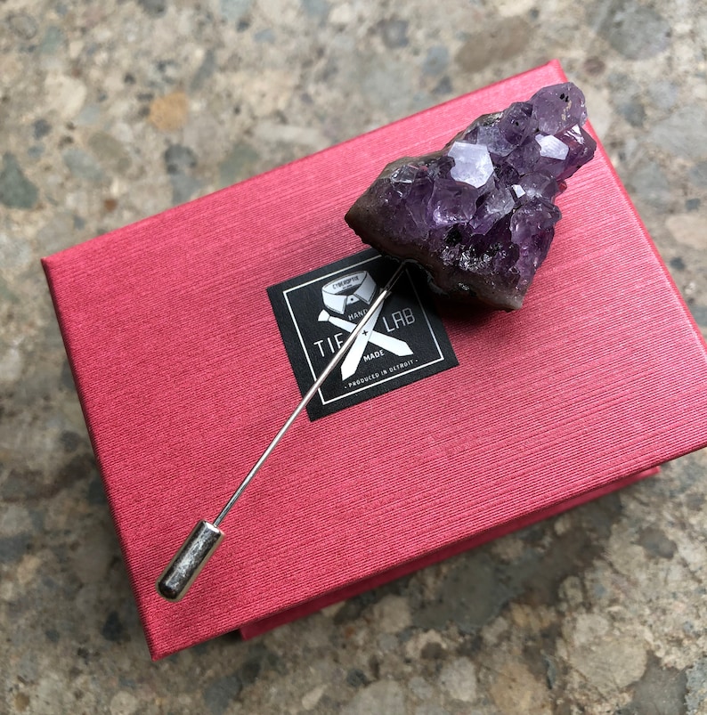 Amethyst Lapel Pin, raw stone stick pin. Boutonniere, stone brooch, hat pin, geode crystal pin, groom wedding lapel pin, rockhound gift men image 7