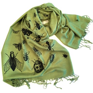 Insect Scarf. Bug print pashmina, linen weave. Black silkscreen print on margarita green scarf & more. Entomologist, natural history gift. image 2