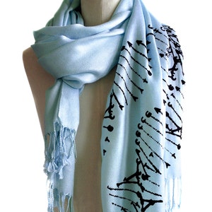 DNA Print Scarf. DNA Double Helix printed soft pashmina. Science scarf. Gift for science teacher, genetic researcher, genealogy, family tree black print/cornflwr