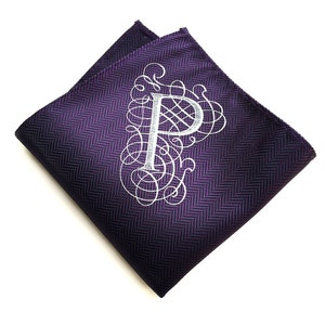 Personalized Men's Pocket Square. Custom initial pocket square. Sapphire herringbone silk & more. Filigree font, single letter. Choose A-Z.