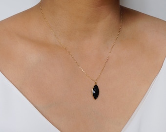 Black Onyx Marquise Pendant on 14K Gold-Fill Chain (Pavo) // Gift for wife // Handmade jewelry //