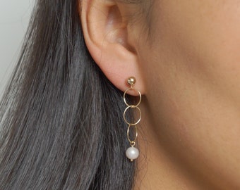 Pearl and Gold loop earrings on 14K Gold filled studs (Posie) // Gift for her // Minimalist earring //
