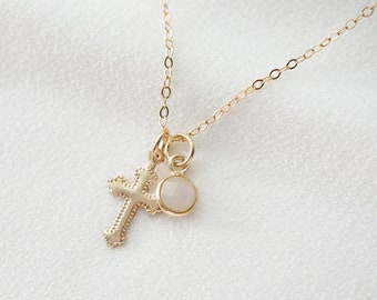 Pequeño collar de cruz de oro con piedra preciosa de piedra lunar (Jada Gem) // 14K Gold filled // Joyería religiosa // Joyería minimalista