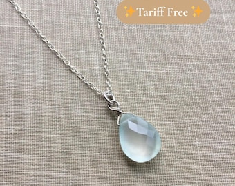 Aqua Chalcedony Gemstone Necklace with Sterling Silver Chain (Cora) // Gift for her // Handmade necklace // Minimalist jewelry