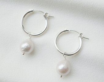 Baroque Pearl Sterling Silver Hoop Earrings (Claudette) // Bridal earrings // Handmade earrings // Wedding jewelry