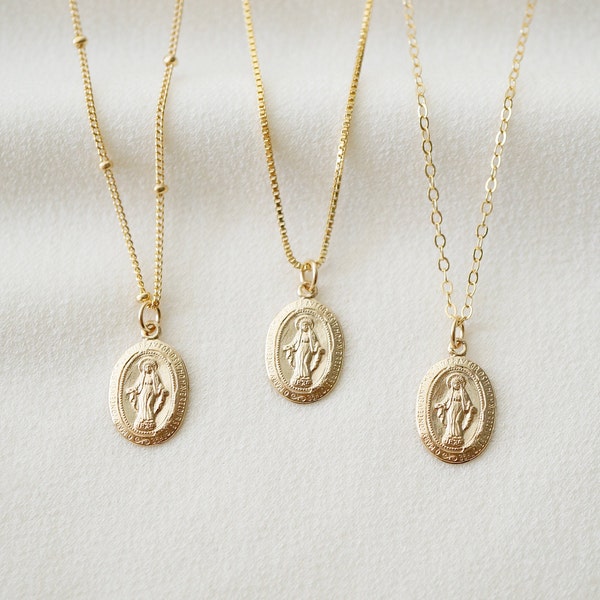 Petit collier médaillon en or de la Vierge Marie (Mary Pico)//or 14 carats rempli//bijoux pièce d'or//bijoux religieux